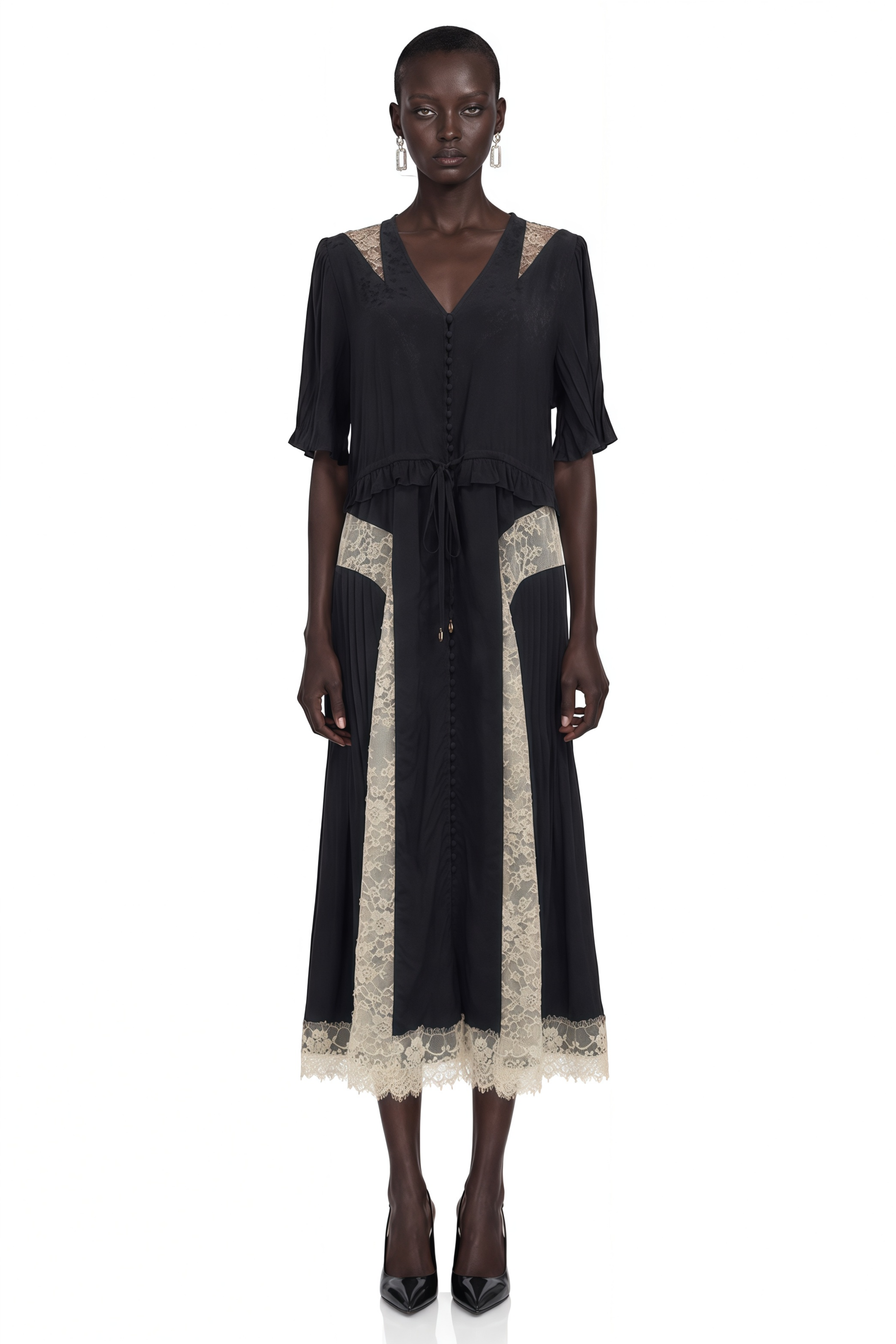 Florencia | V-Neck Contrast Lace Panel Midi Dress