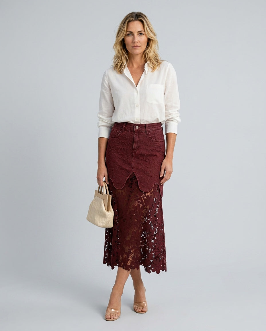 Malena | High Waist Button Front Denim Lace Panel Maxi Skirt