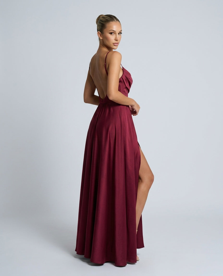 Xenia | Cowl Neck Pleated Satin-Look Maxi Dress