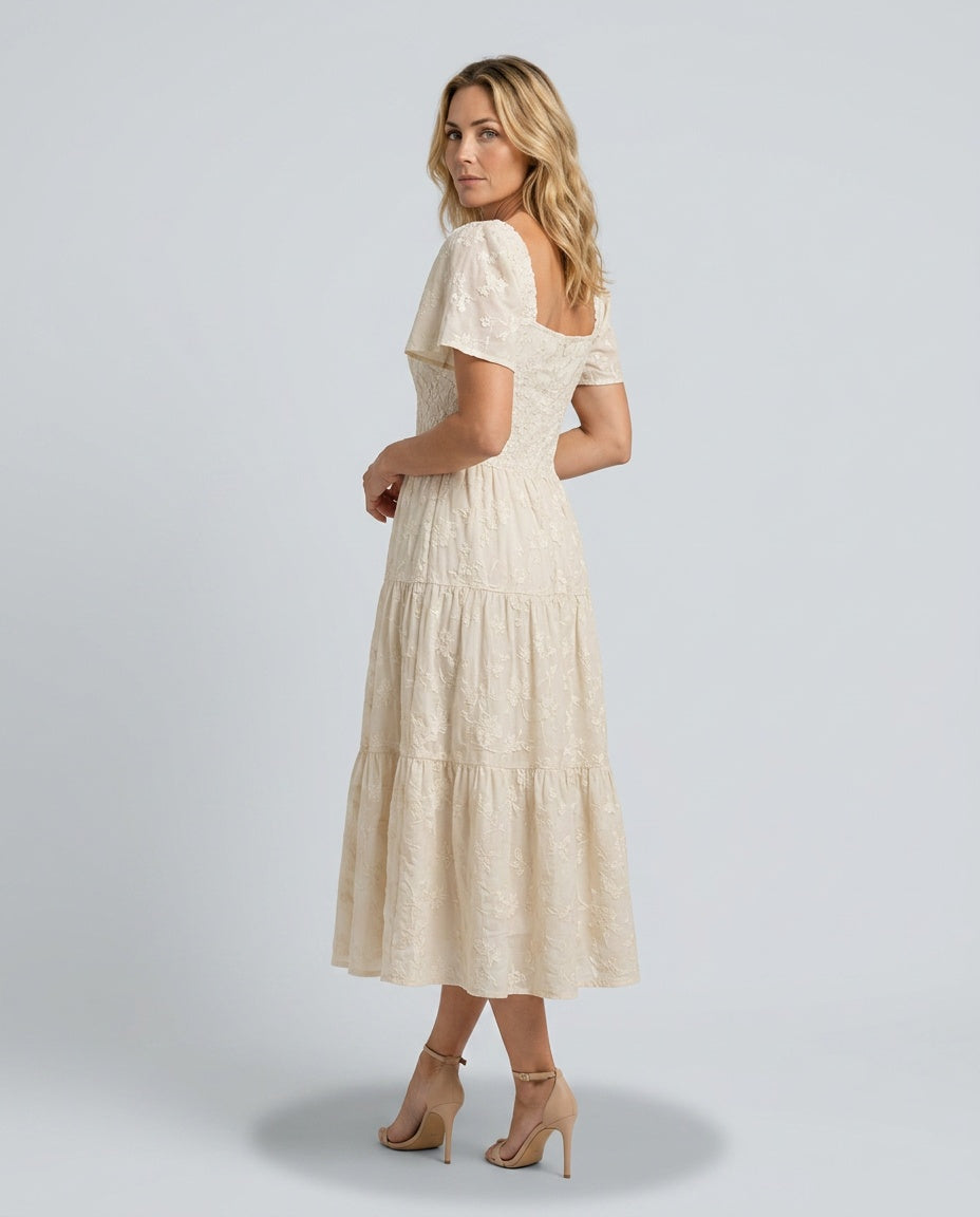 Della | Short Sleeve Textured Floral Midi Dress