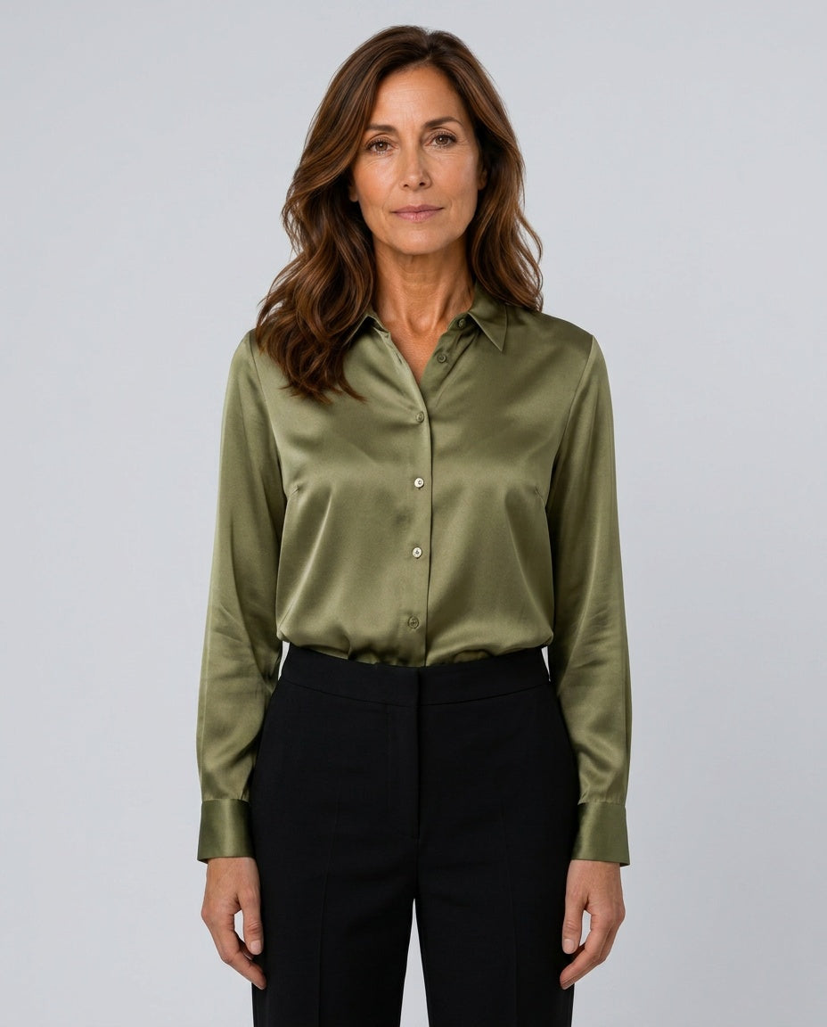 Willa | Long Sleeve Satin-Look Button-Up Top