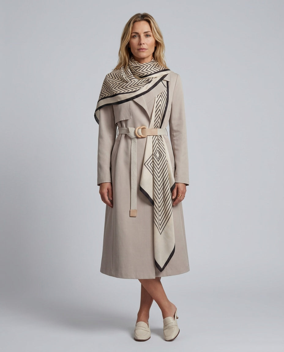 Noelia | Belted Geometric Scarf Midi Coat