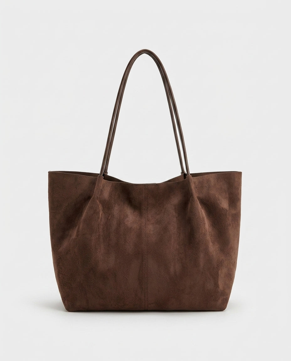 Retro Faux Suede Zip Tote Bag with Pouch