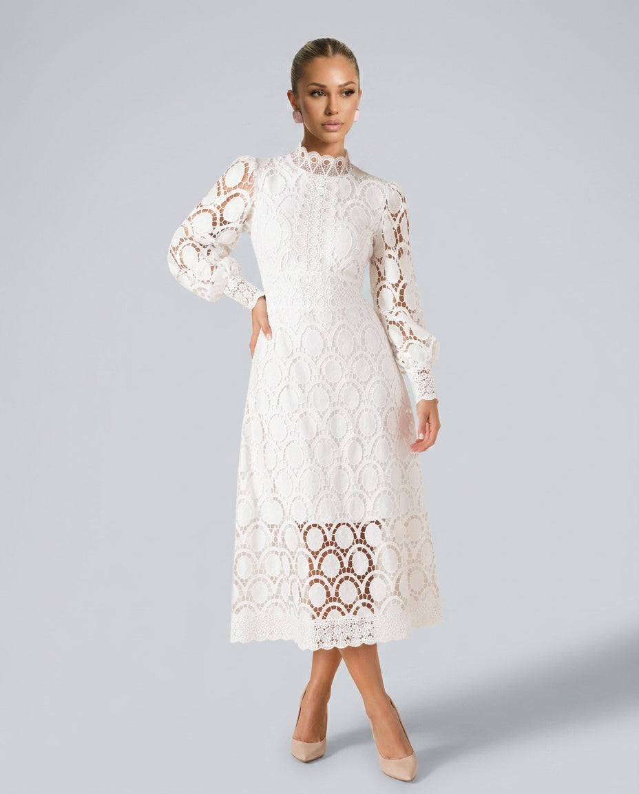 Imogen | Long Sleeve Lace Midi Dress with High Collar