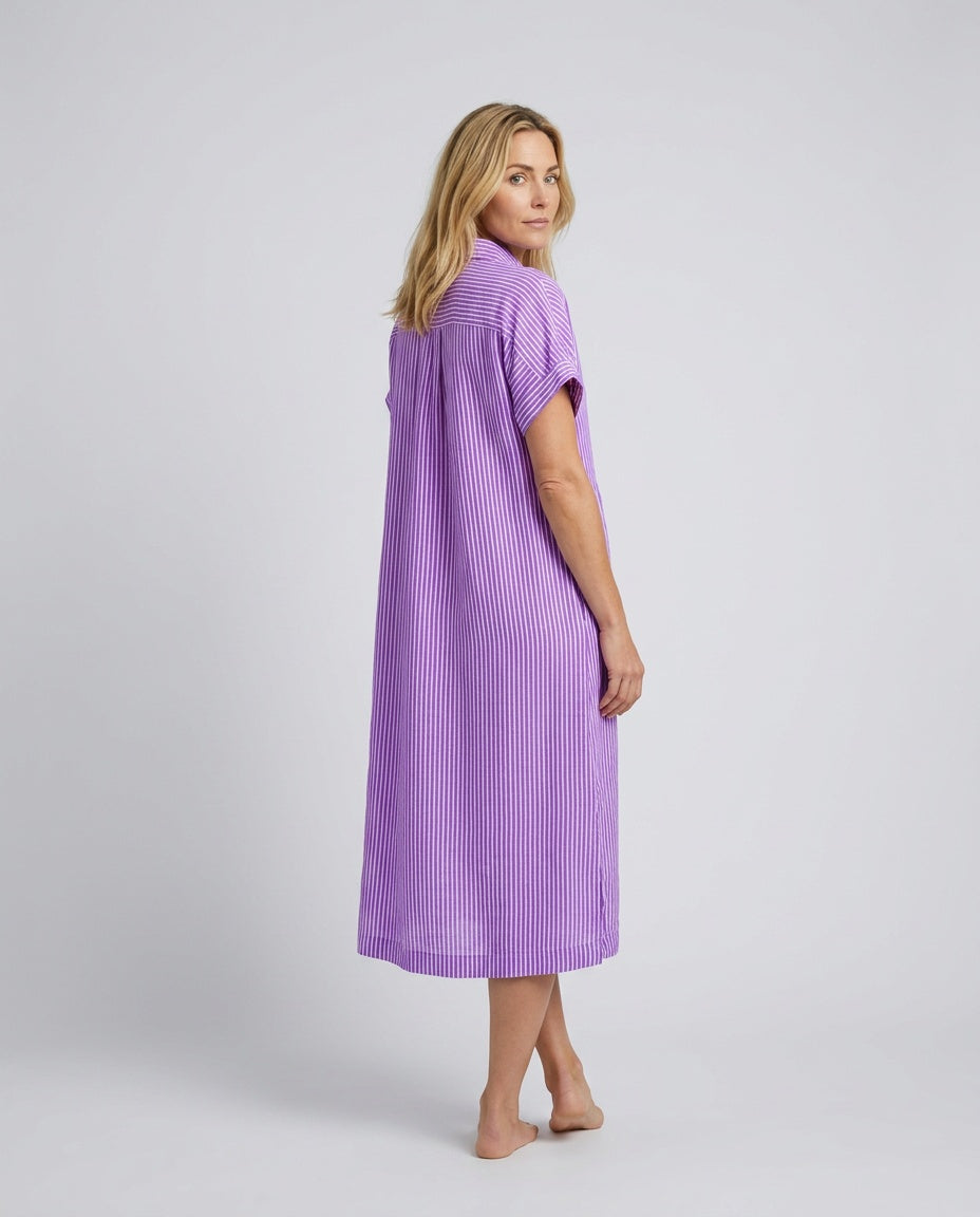 Emerson | Short Sleeve Button Front Striped Midi Dress