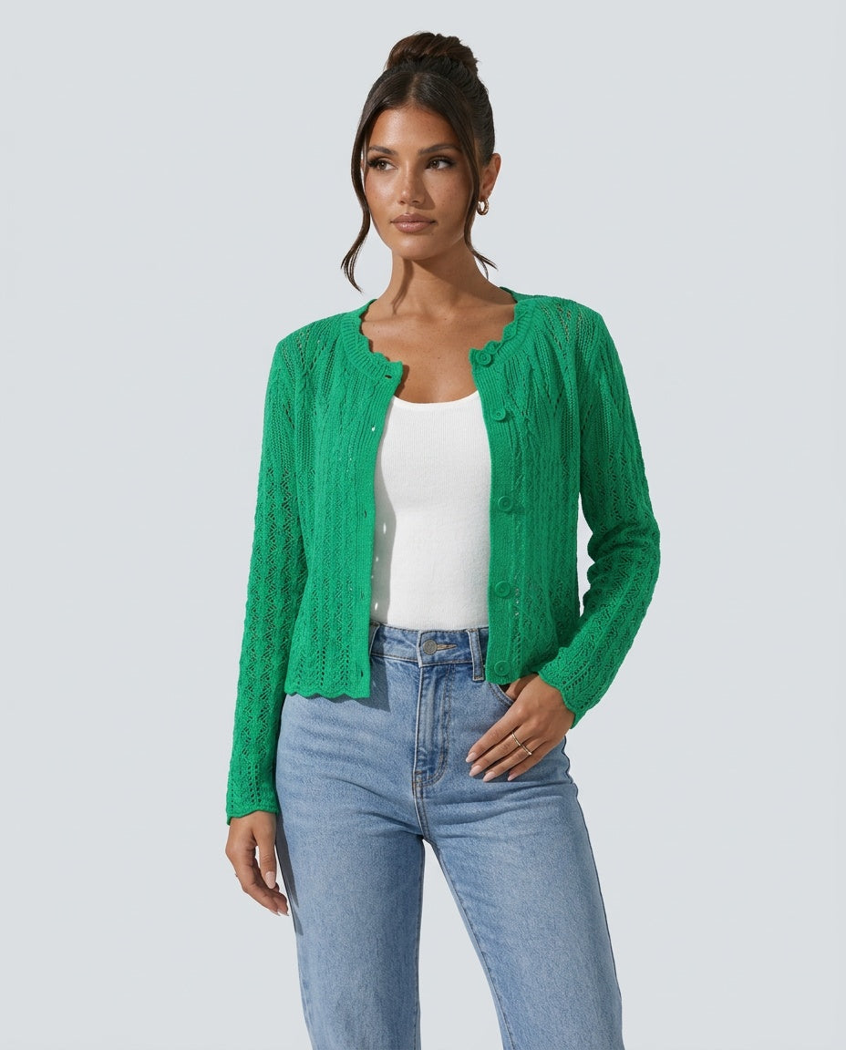 Ellie | Cropped Openwork Knit Button Cardigan