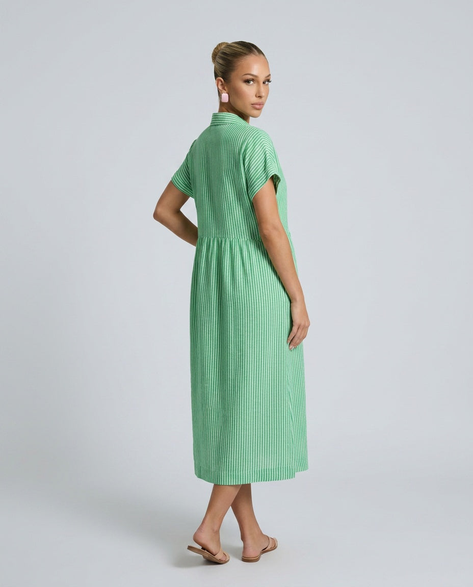 Saffron | Striped Button-Front Short Sleeve Midi Dress