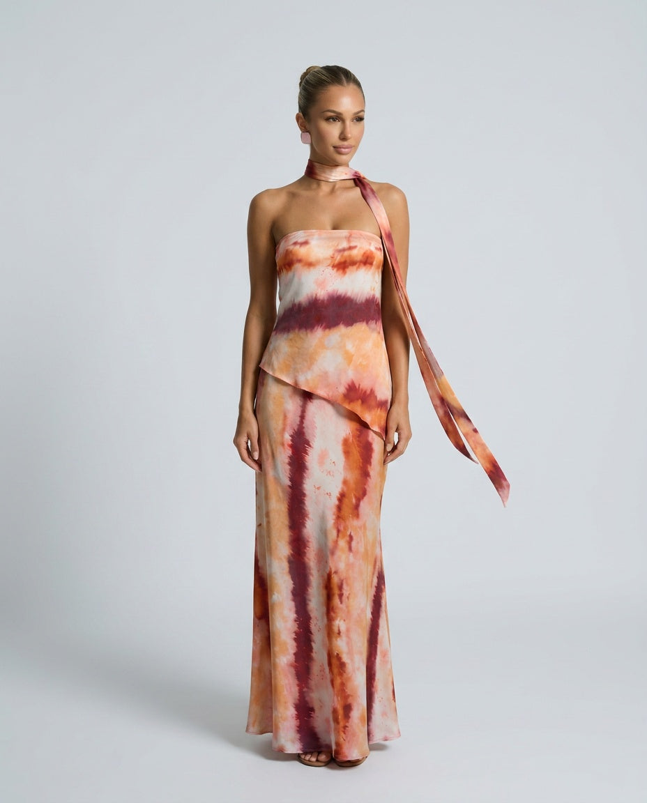 Ximena | Strapless Printed Neck Scarf Maxi Dress