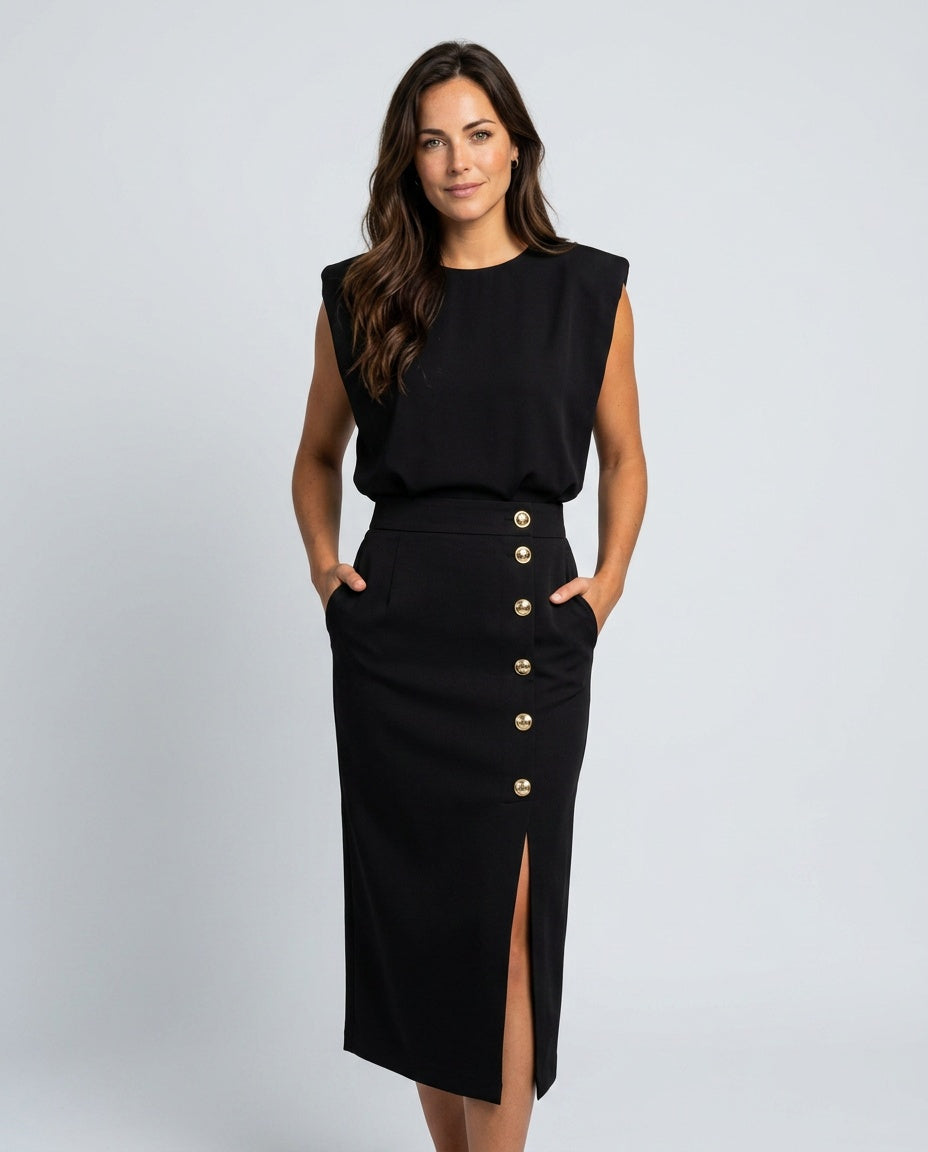 Wren | Structured Button-Front Midi Dress with Pockets