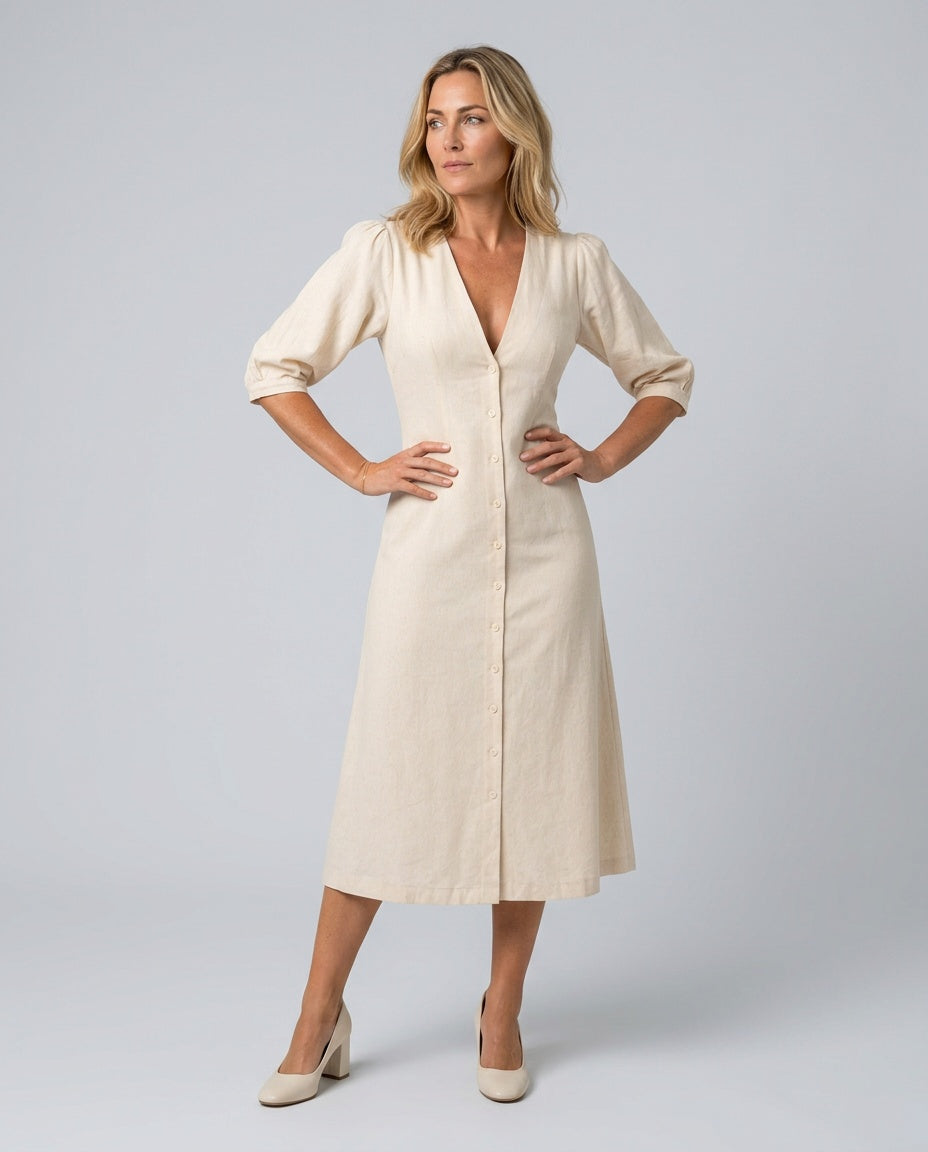 Peyton | Button-Front V-Neck Midi Dress