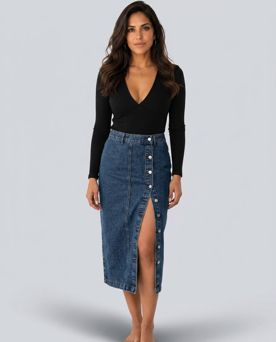 Fleur | High Waist Button Front Denim Pencil Midi Skirt
