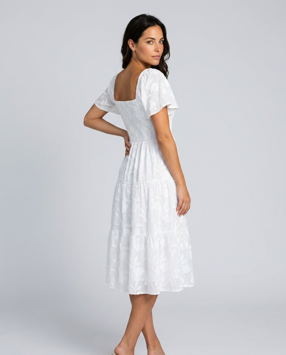 Della | Short Sleeve Textured Floral Midi Dress