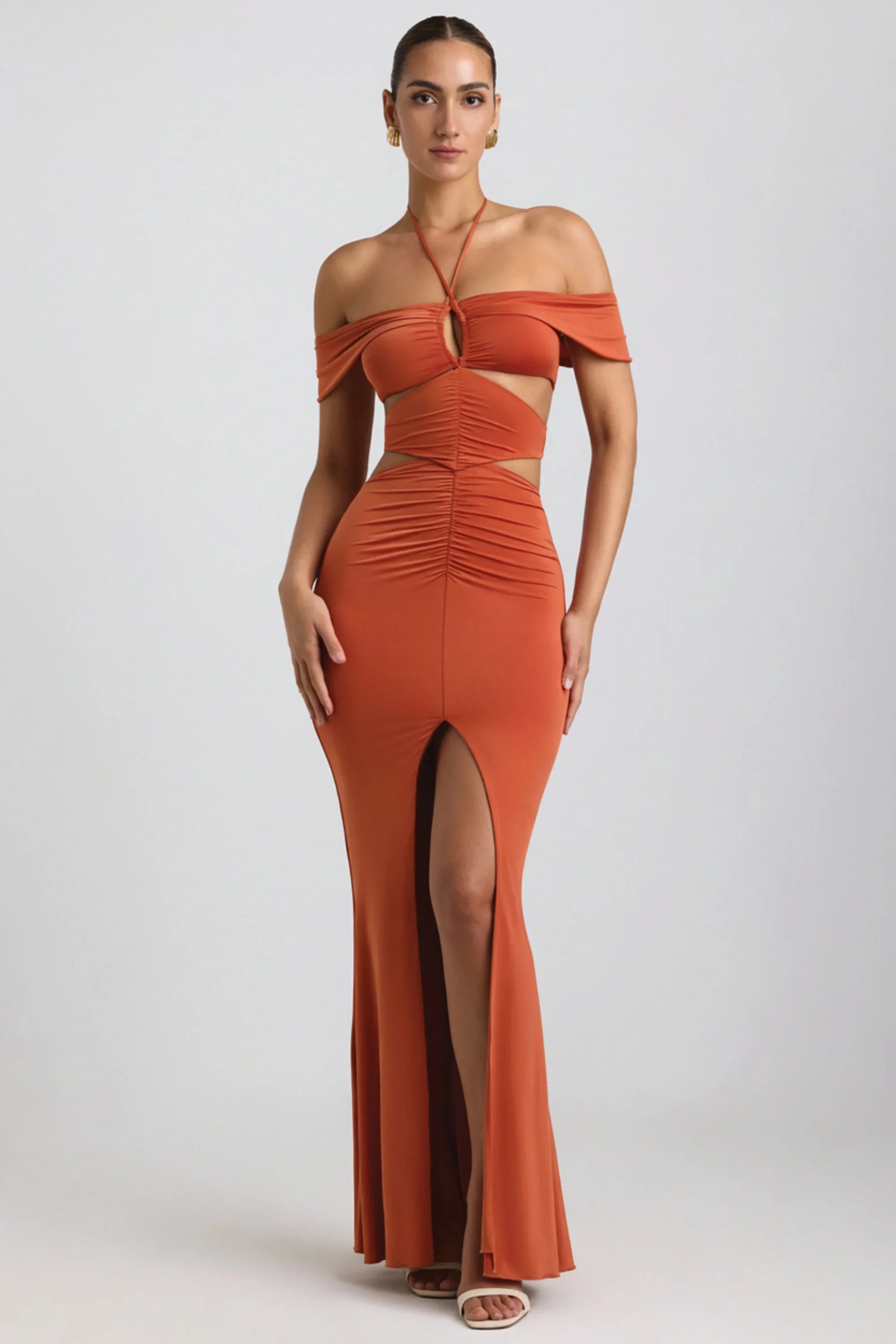 Clara | Cut-Out Halterneck Burnt Orange Maxi Dress