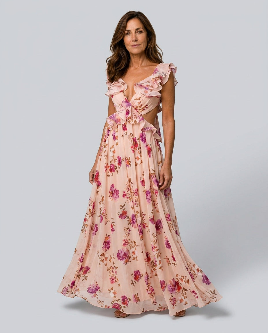 Kira | Floral Ruffled Open-Back Maxi Dress