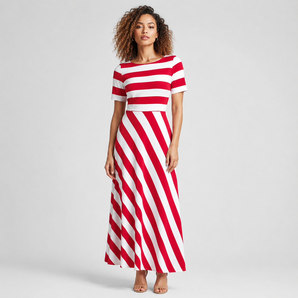 Chloe | Striped A-Line Split Neck Midi Dress
