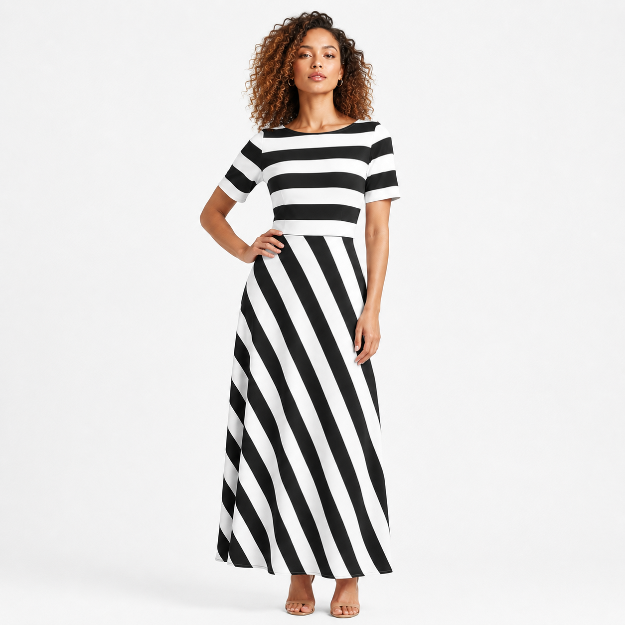 Chloe | Striped A-Line Split Neck Midi Dress