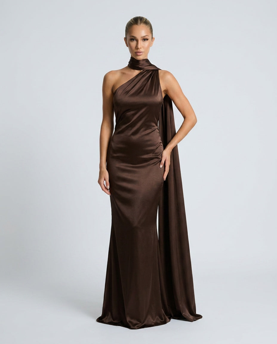 Savannah | One-Shoulder Scarf Detail Satin-Look Maxi Dress