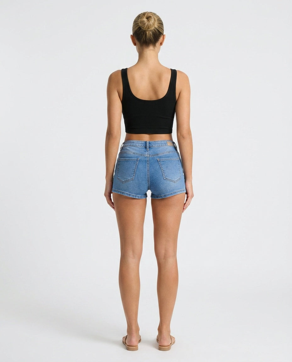 Romy | Mid Waist Stretch Denim Shorts