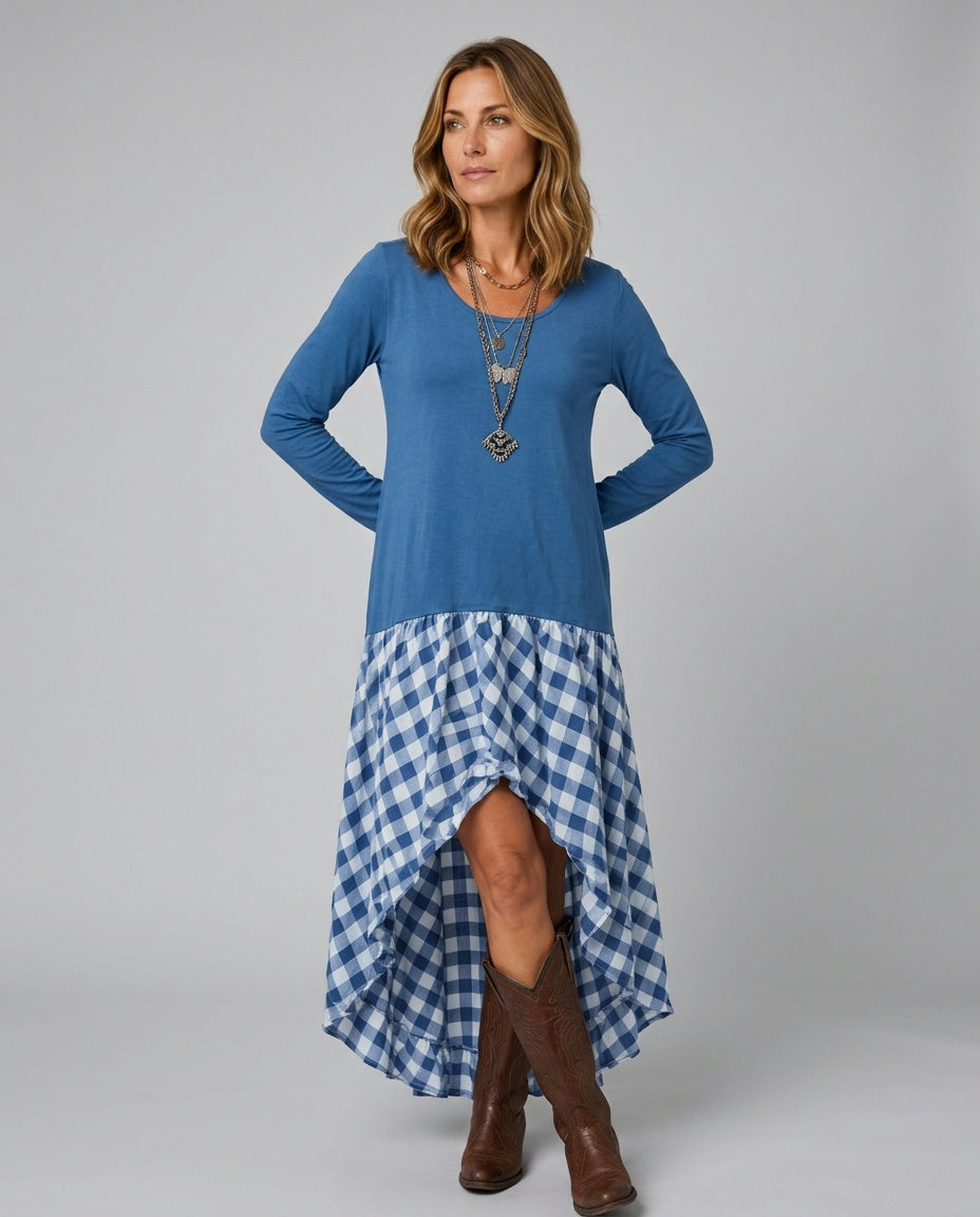 Reva | Gathered Gingham Asymmetric Maxi Dress