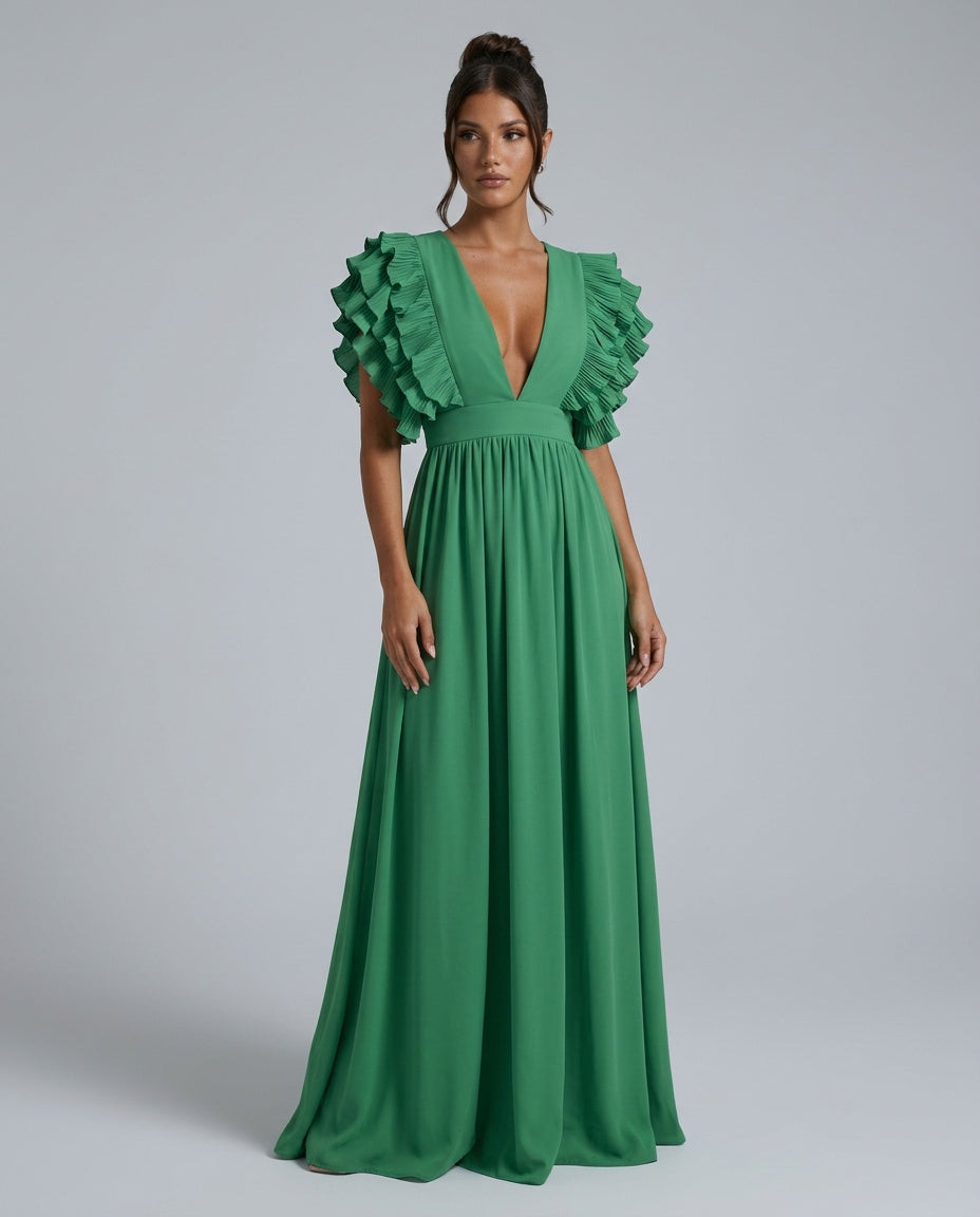 Tessa | Ruffled Sleeve & Neckline Maxi Dress