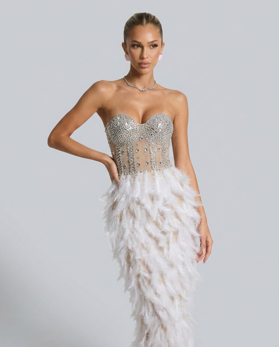 Delaney | Strapless Rhinestone Feather Maxi Dress