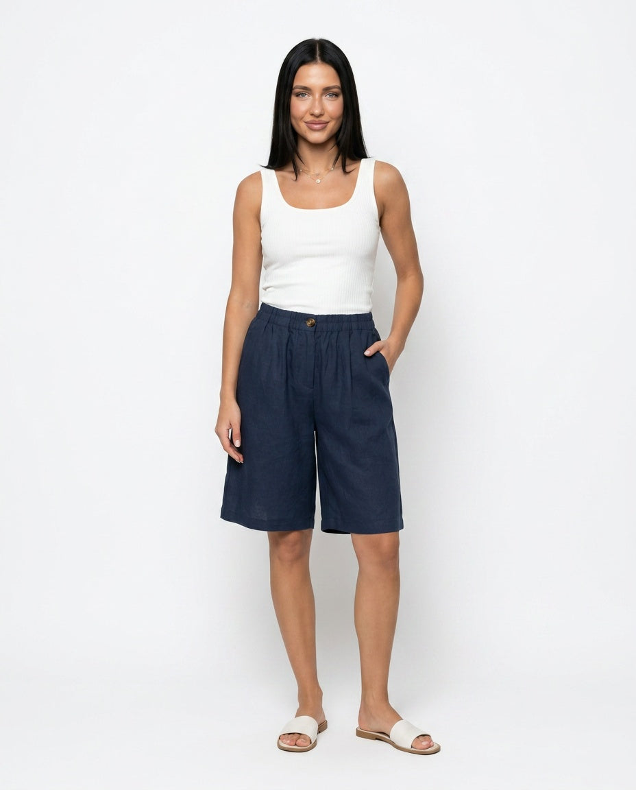Odette | High Waist Linen Blend Bermuda Shorts