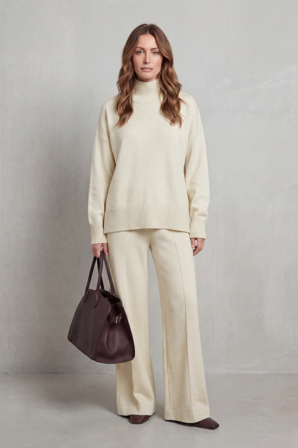 Casavella | Funnel Neck Wide-Leg Knit Lounge Set