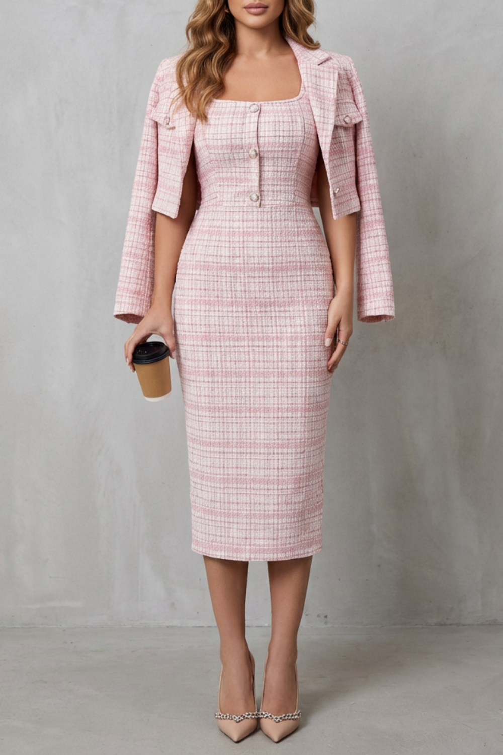 Bellaisie | Plaid Cropped Blazer & Fitted Midi Dress Two-Piece Set