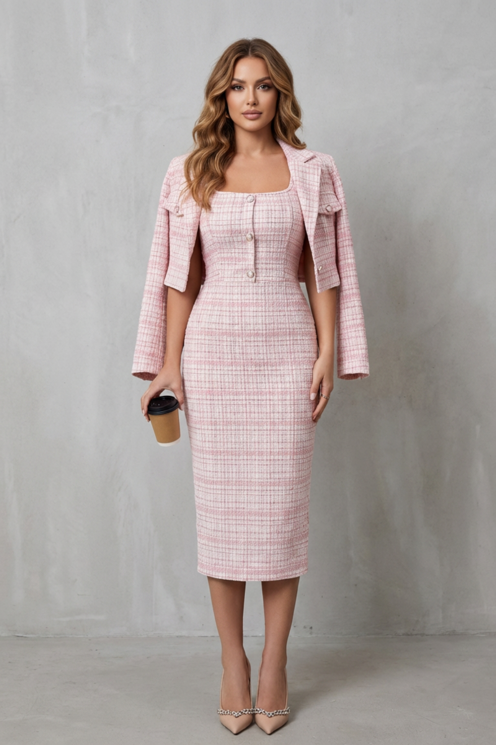 Bellaisie | Plaid Cropped Blazer & Fitted Midi Dress Two-Piece Set