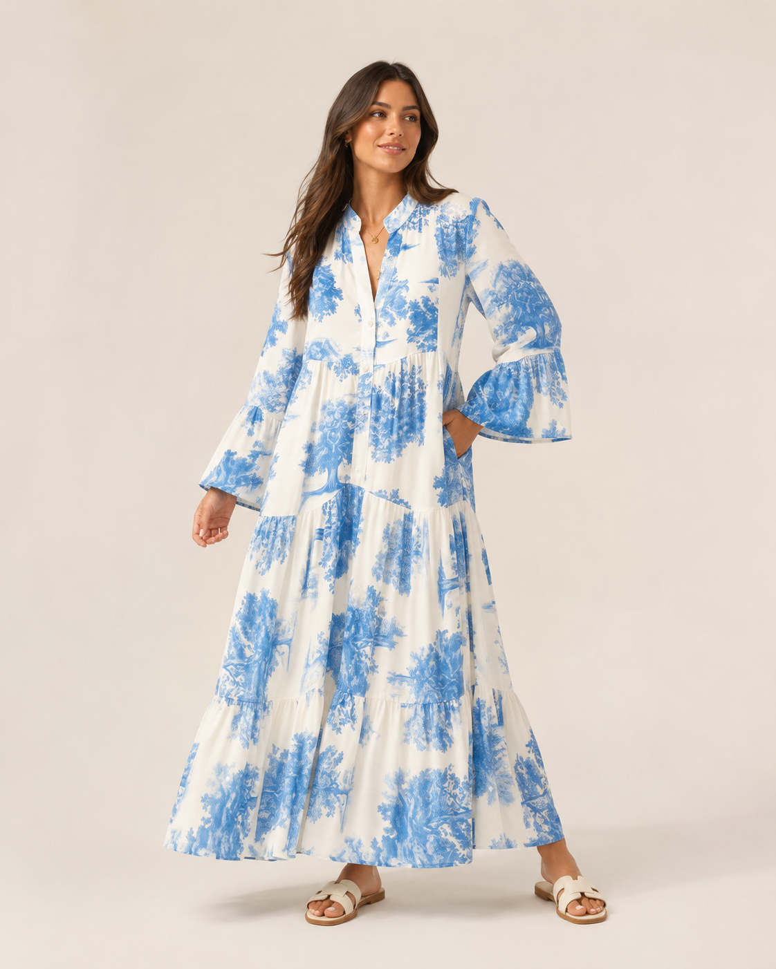 Daniela | Printed Button-Front Maxi Dress with Pockets