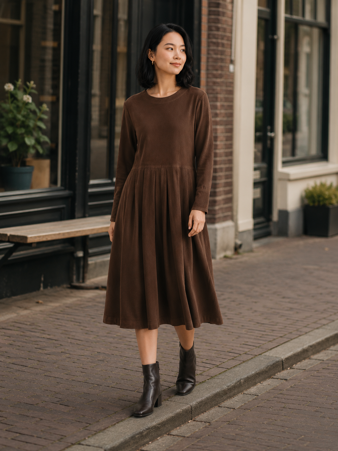 Liv | Long Sleeve Cotton-Blend Midi Dress