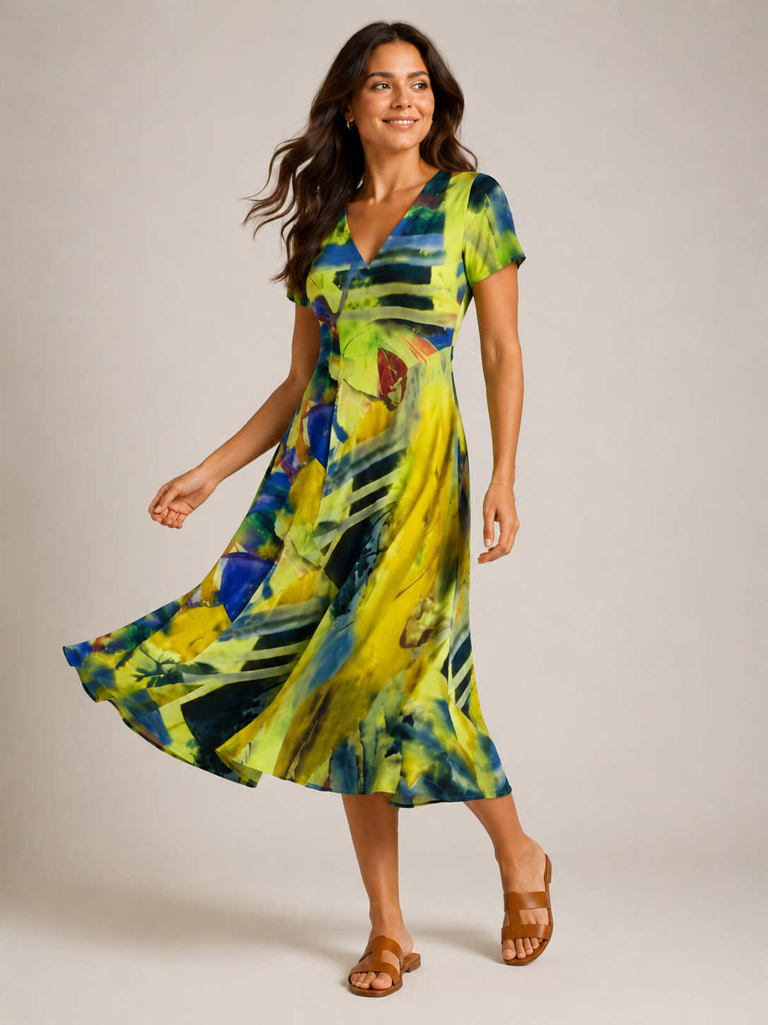 Marlowe | Abstract Print V-Neck Midi Dress