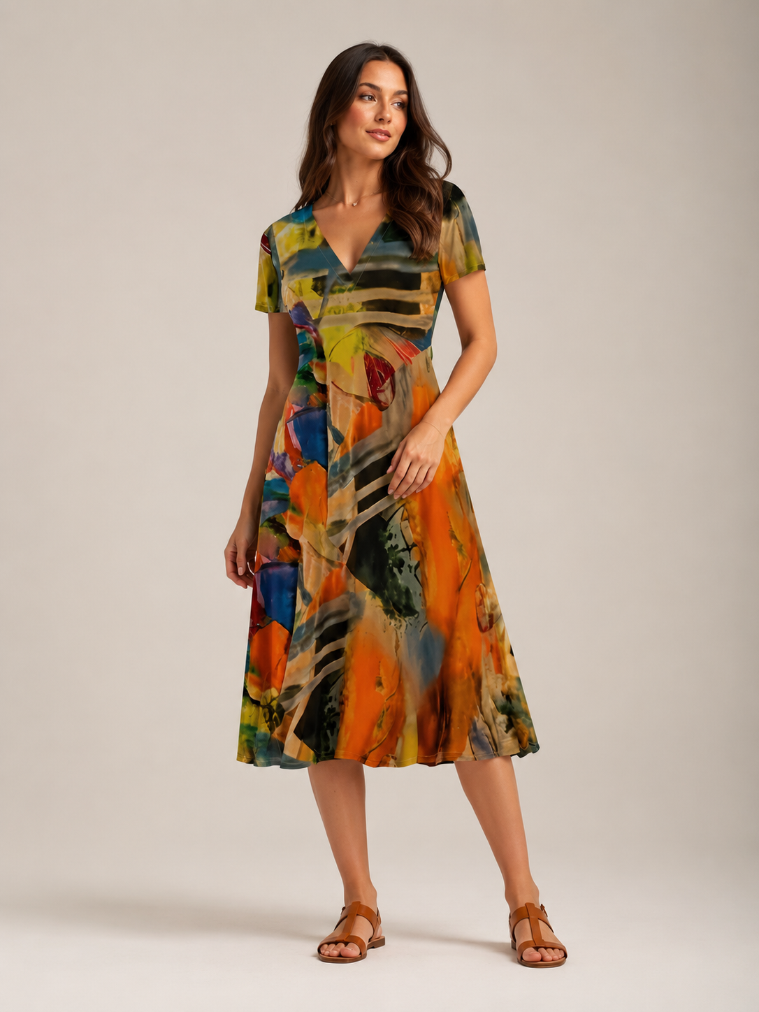 Marlowe | Abstract Print V-Neck Midi Dress