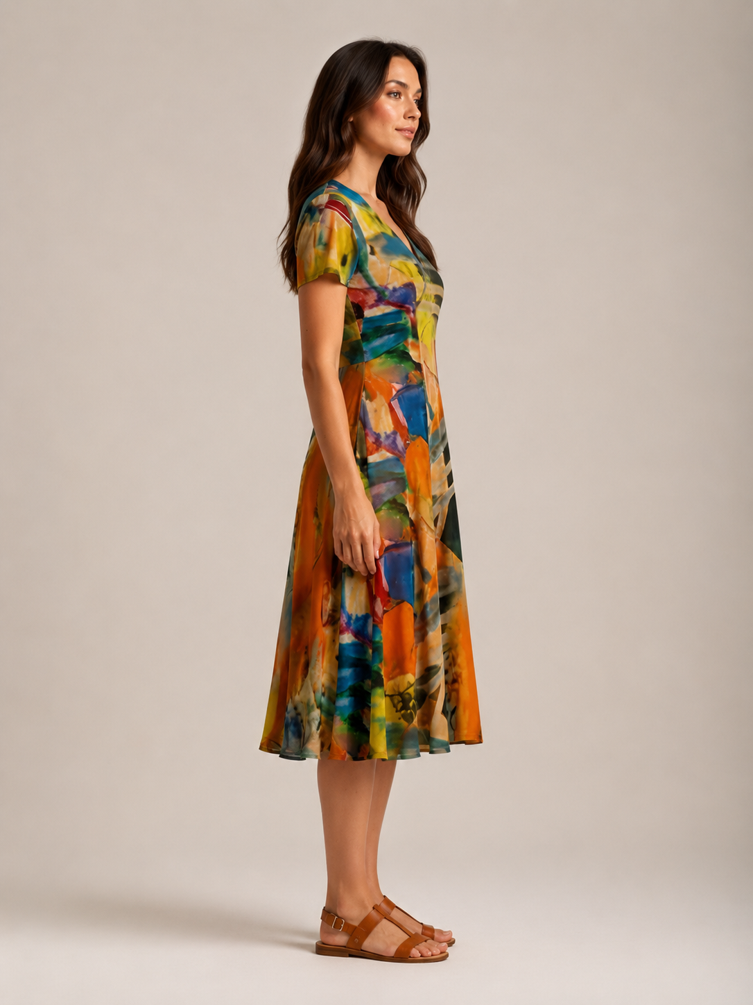 Marlowe | Abstract Print V-Neck Midi Dress