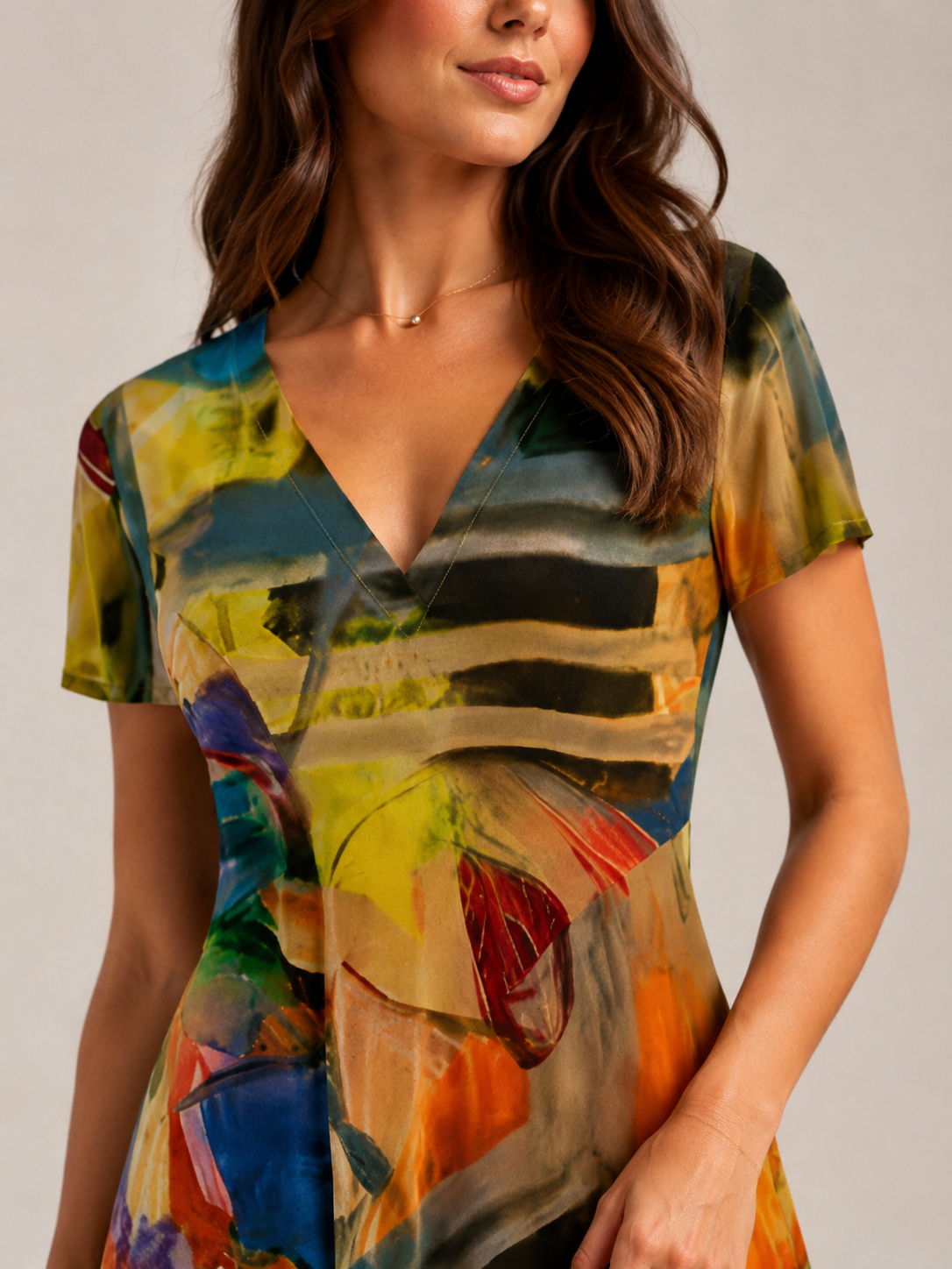 Marlowe | Abstract Print V-Neck Midi Dress