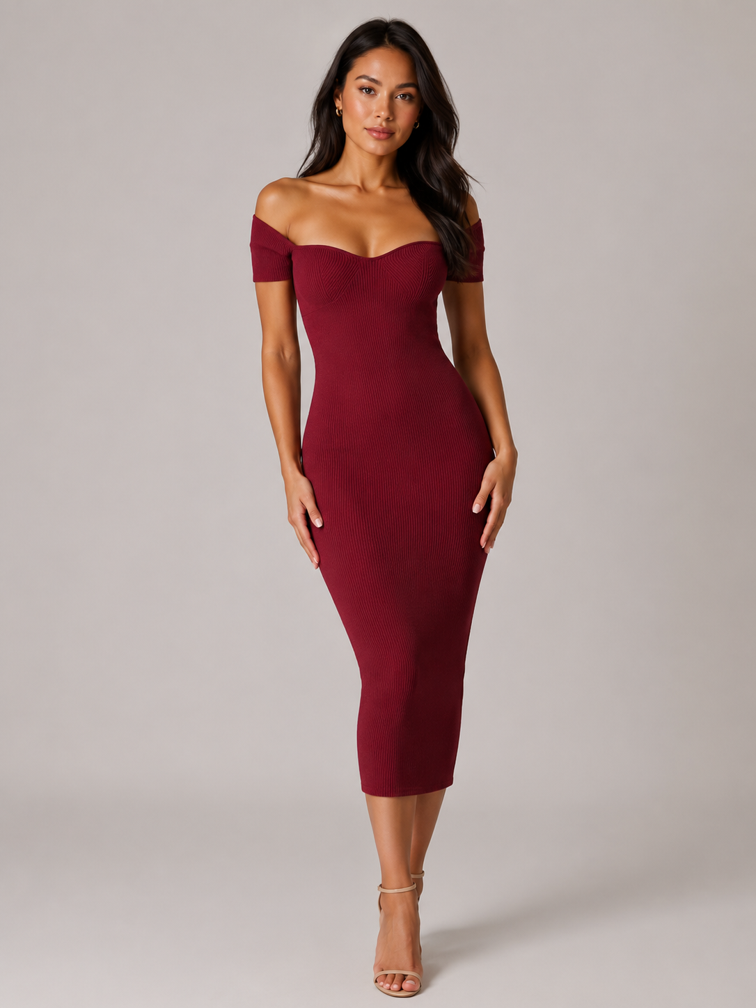 Imogen | Ribbed Off-Shoulder Bodycon Midi Dress