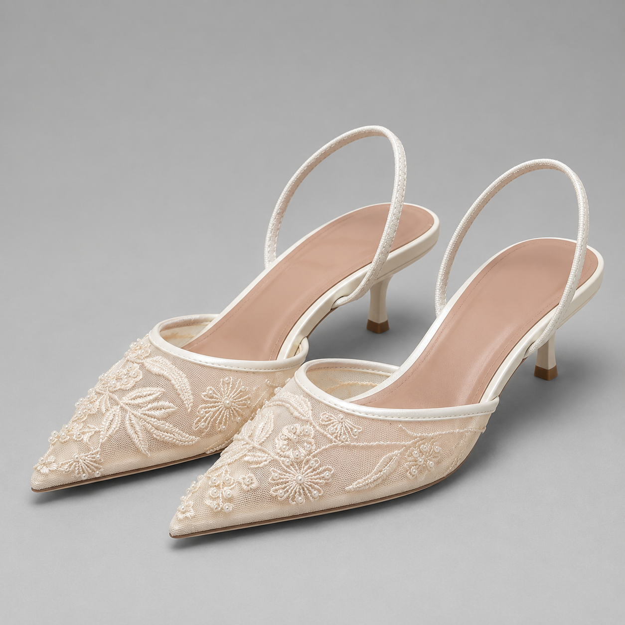 Leona | Embroidered Mesh Kitten Heel Slingbacks