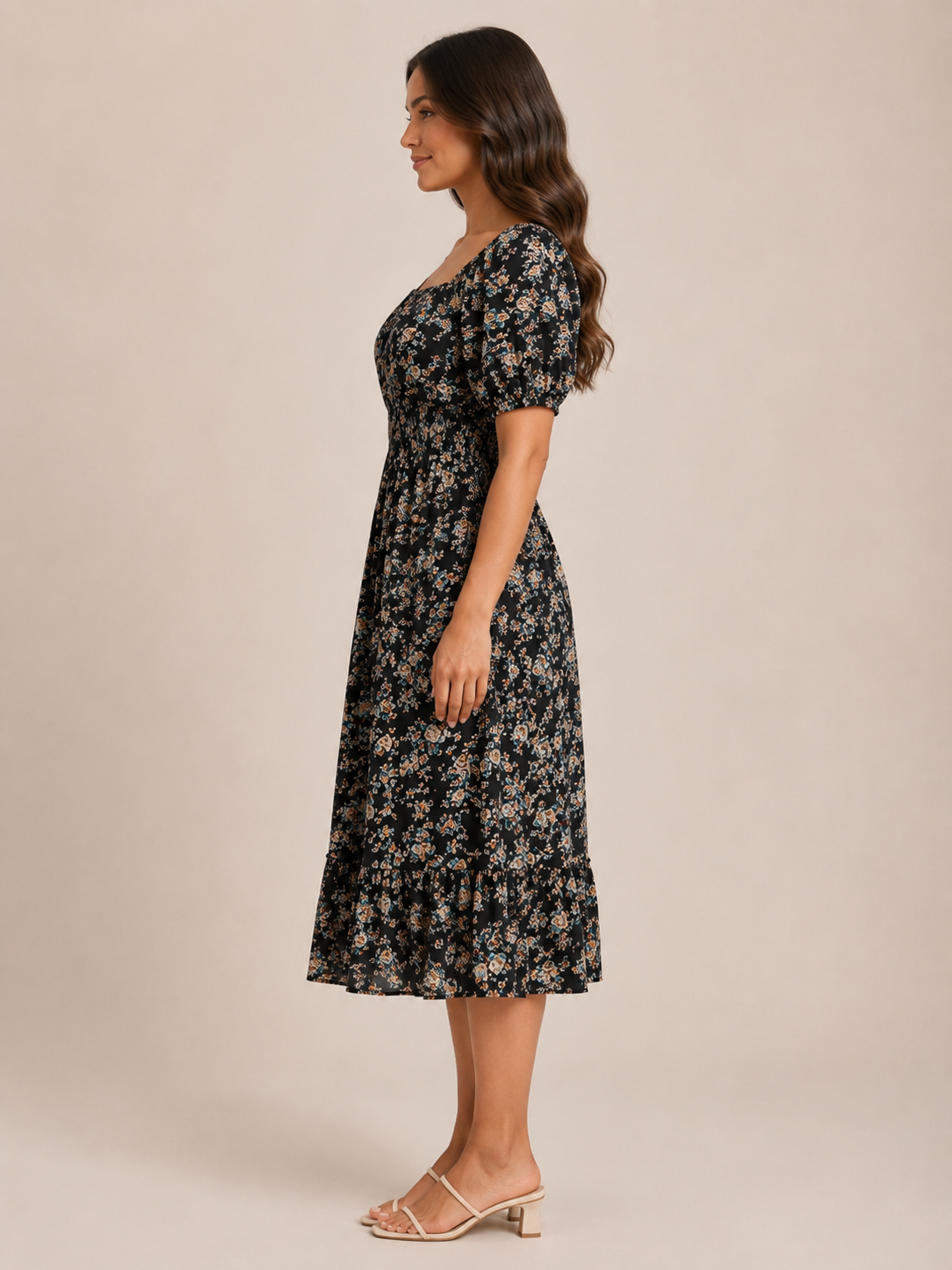 Sloane | Floral Smocked Square Neck Midi Dress
