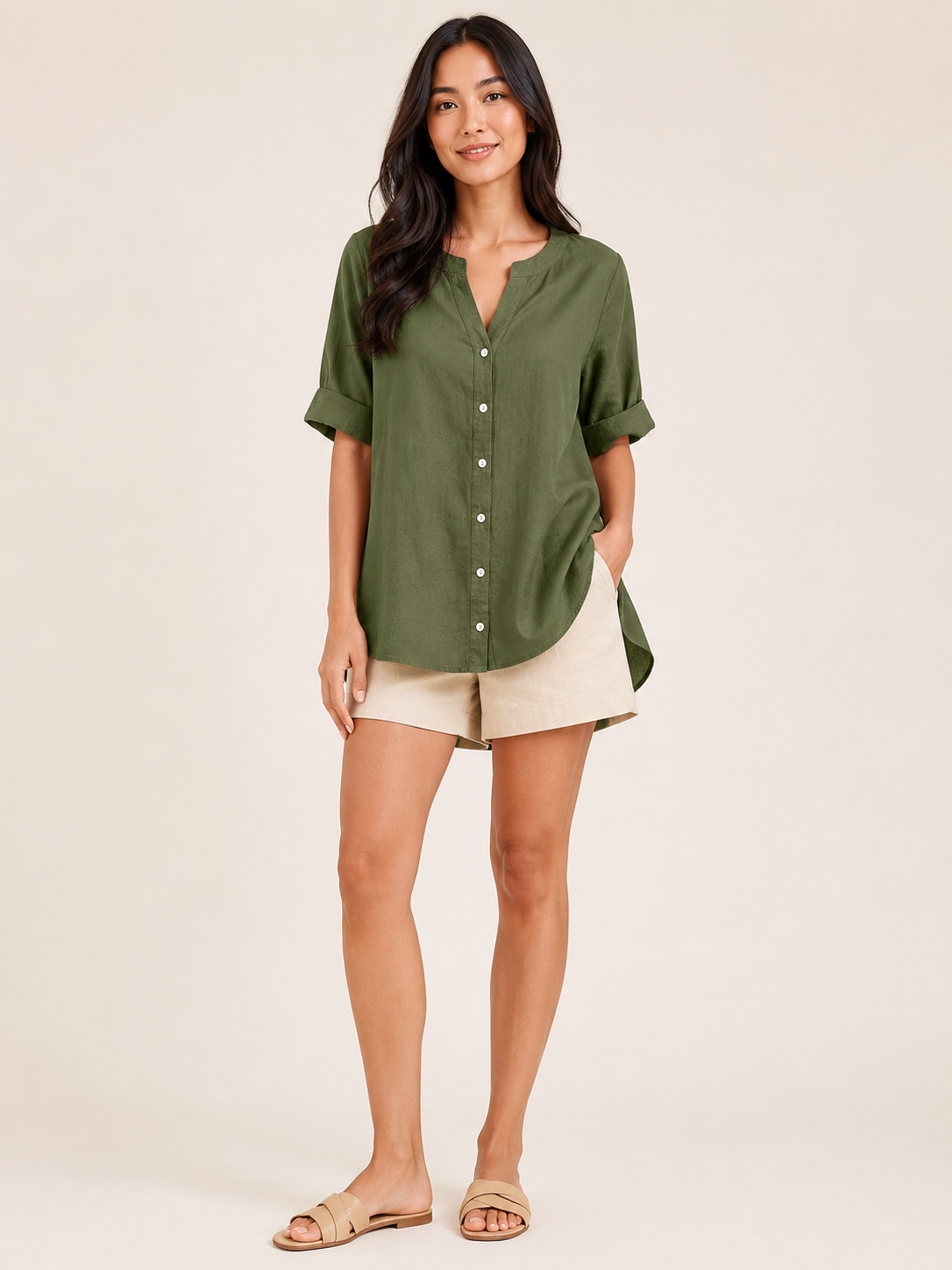 Bianca | Button-Front Cotton-Linen Blend Blouse