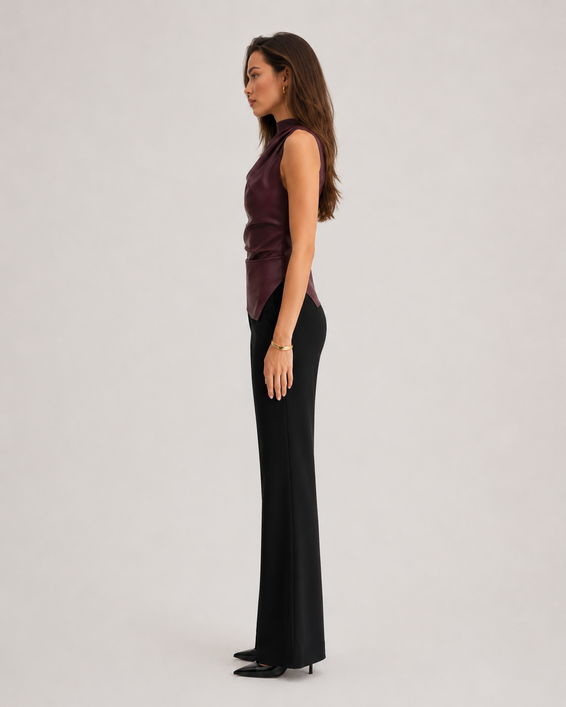 Lucia | Long Sleeve Draped Faux Leather Turtleneck Top