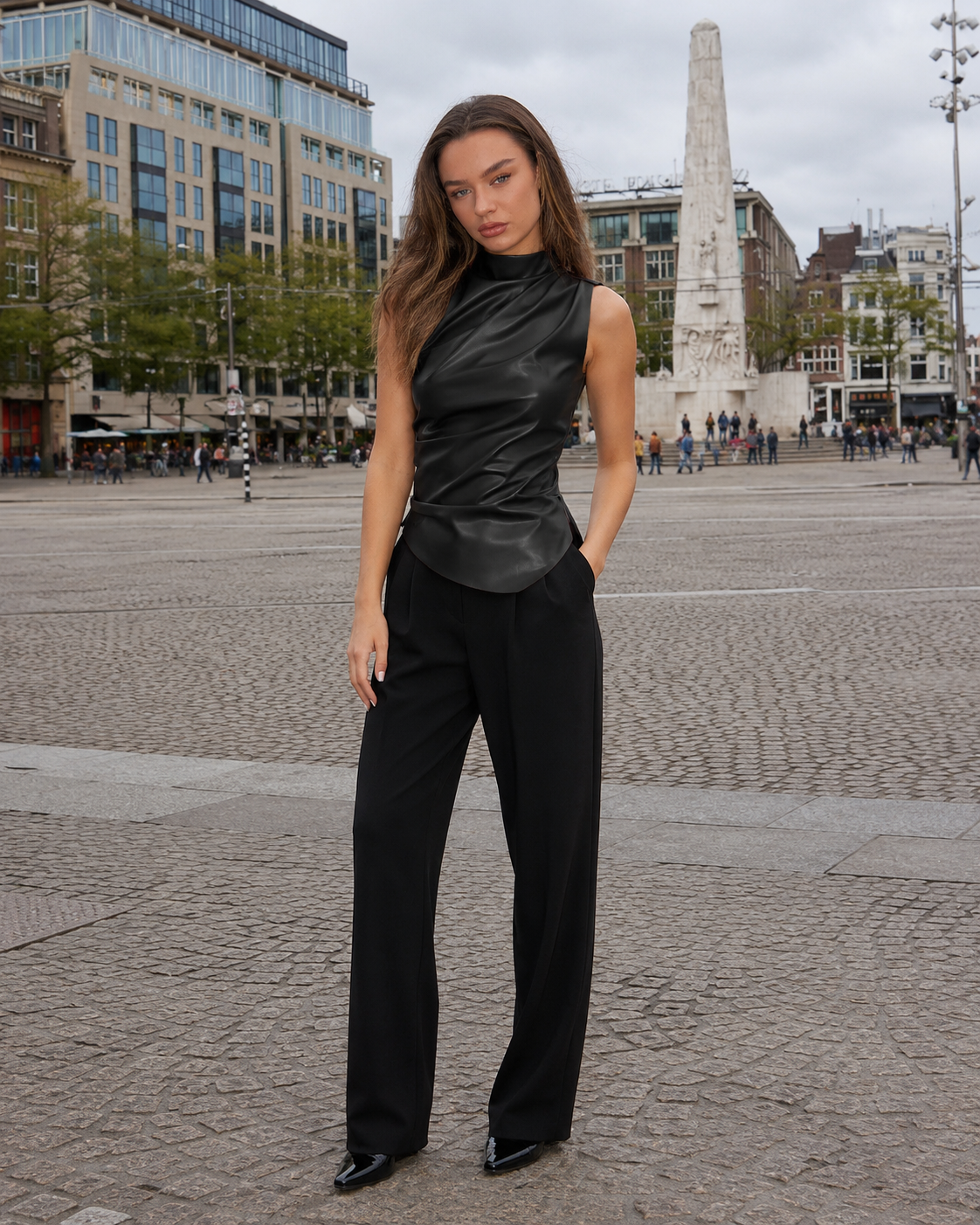Lucia | Long Sleeve Draped Faux Leather Turtleneck Top