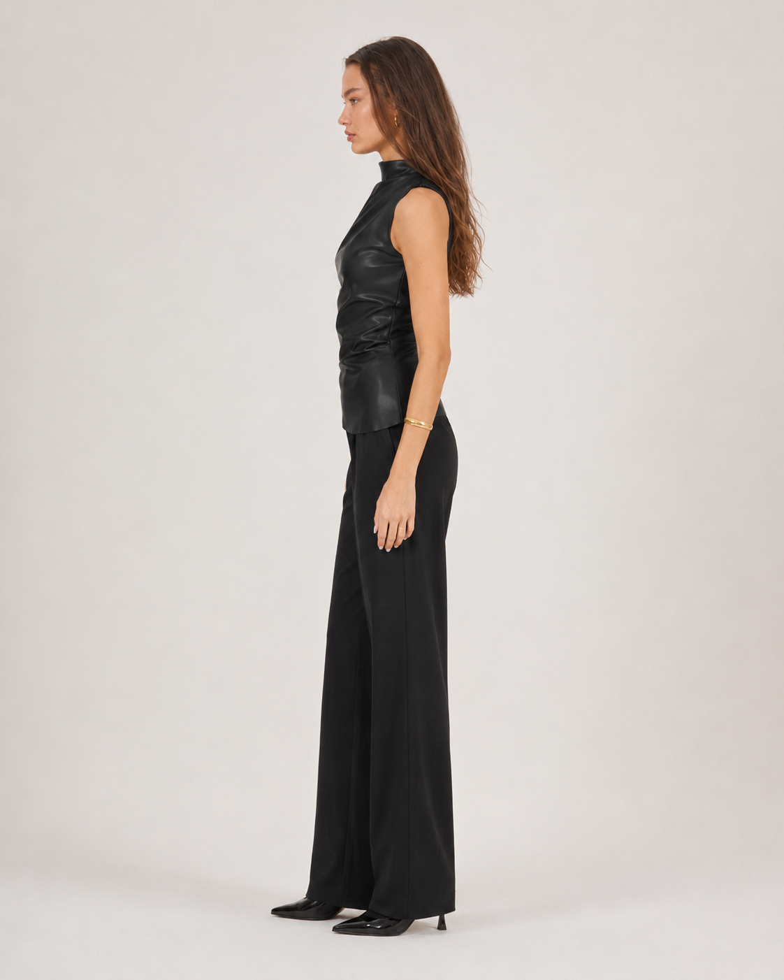Lucia | Long Sleeve Draped Faux Leather Turtleneck Top