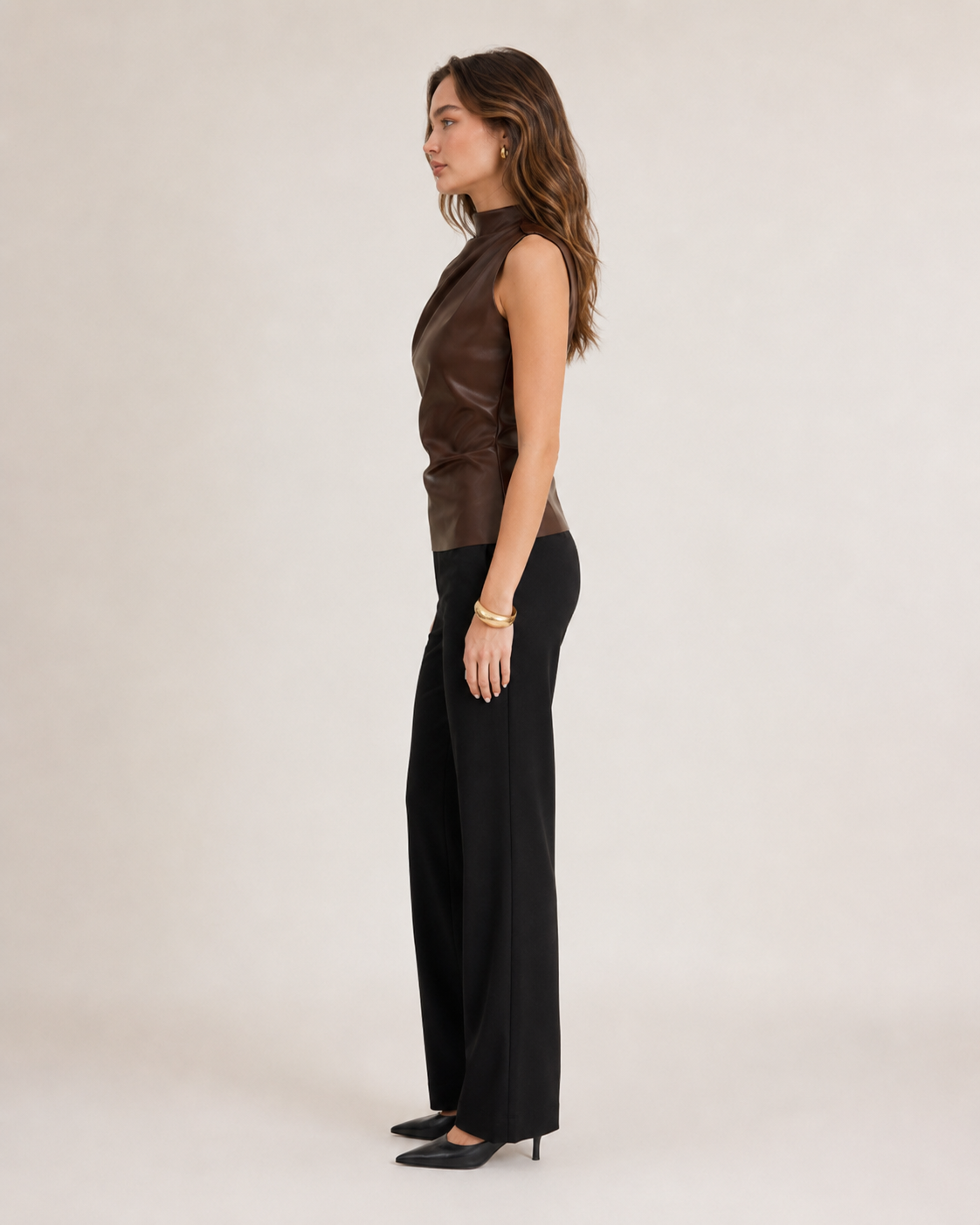 Lucia | Long Sleeve Draped Faux Leather Turtleneck Top