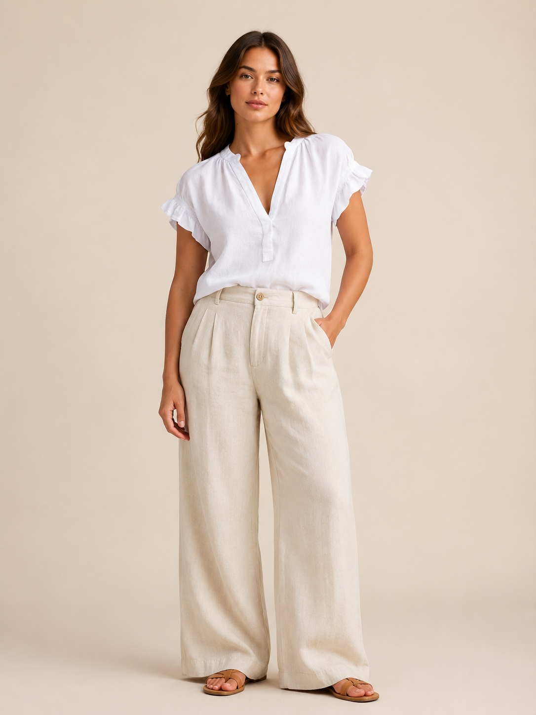 Ines | V-Neck Flared Sleeve Linen-Blend Blouse