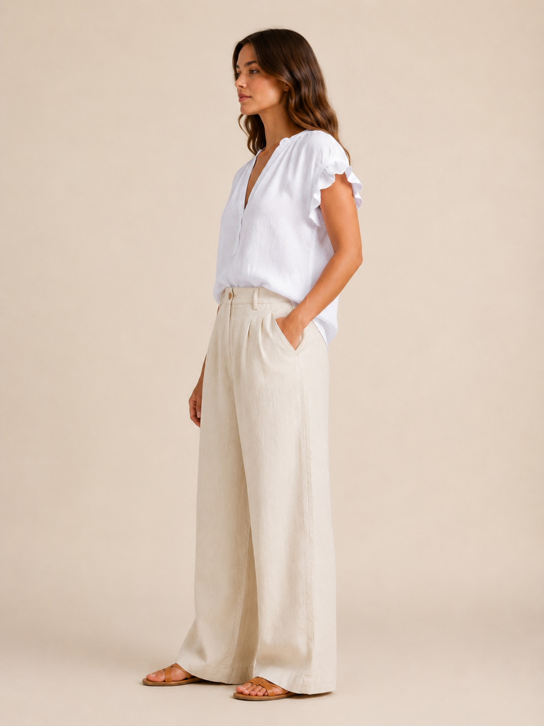 Ines | V-Neck Flared Sleeve Linen-Blend Blouse