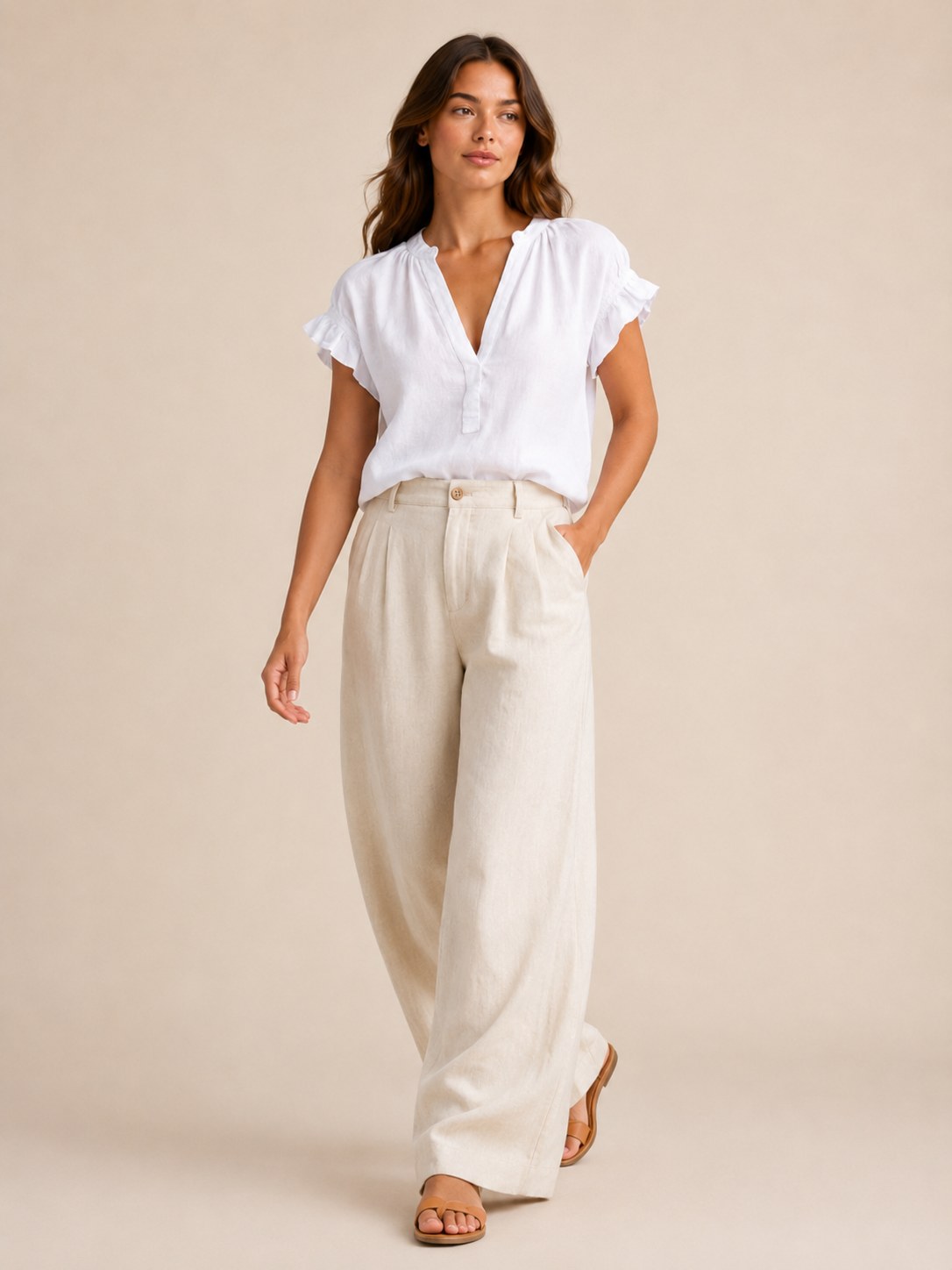 Ines | V-Neck Flared Sleeve Linen-Blend Blouse