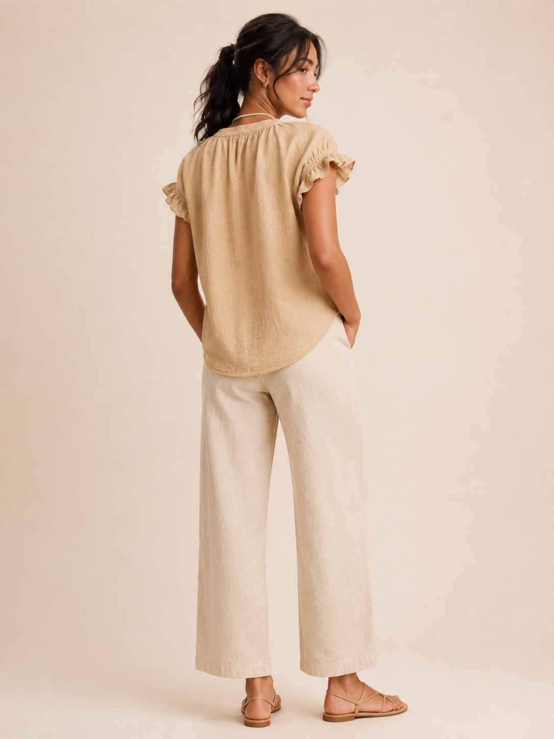 Ines | V-Neck Flared Sleeve Linen-Blend Blouse