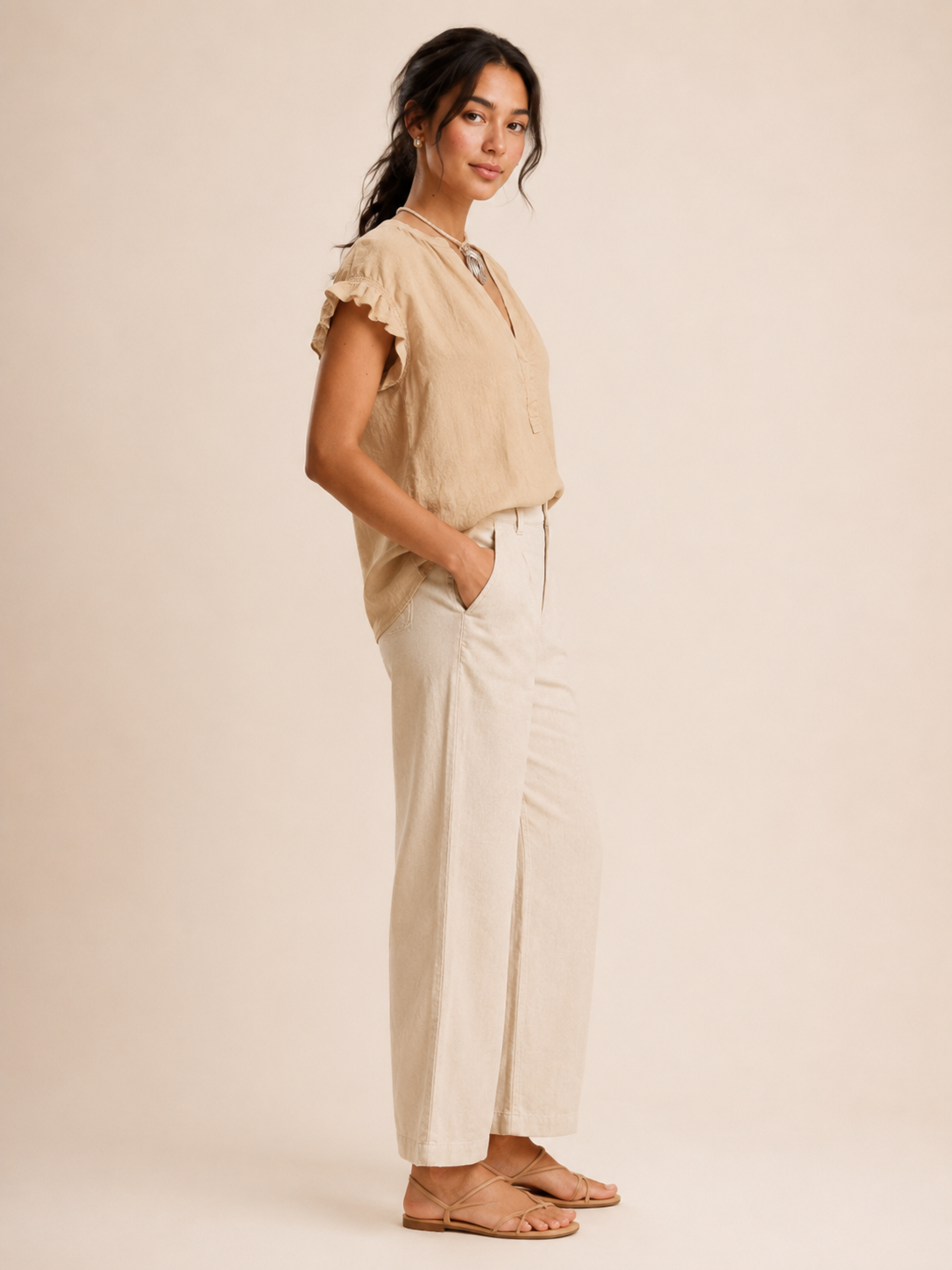 Ines | V-Neck Flared Sleeve Linen-Blend Blouse