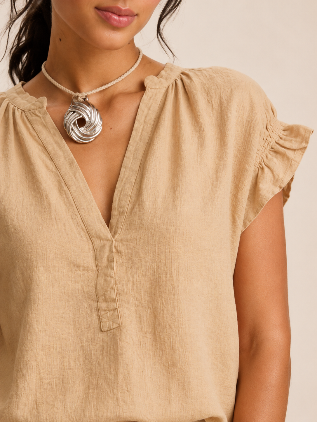 Ines | V-Neck Flared Sleeve Linen-Blend Blouse