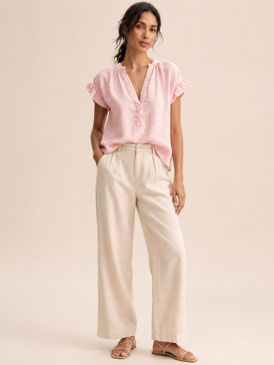 Ines | V-Neck Flared Sleeve Linen-Blend Blouse